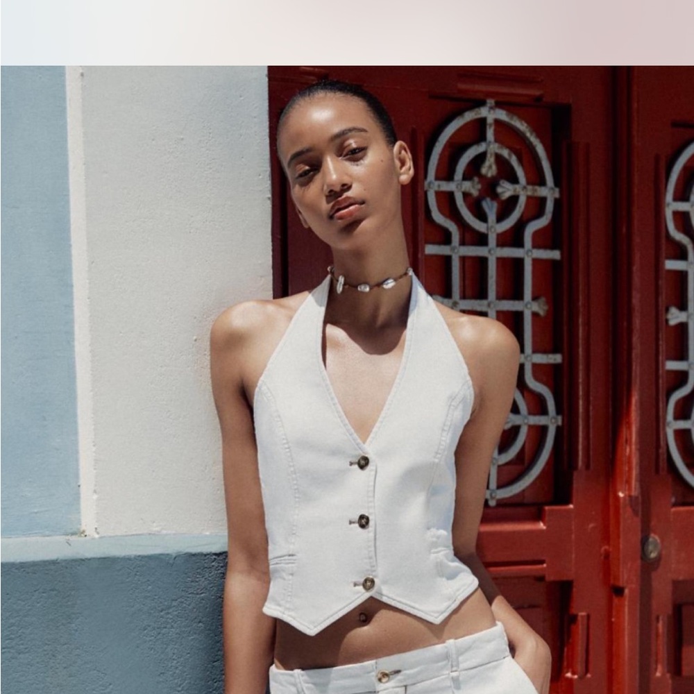 Denim halter crop top in white, Zara nwt